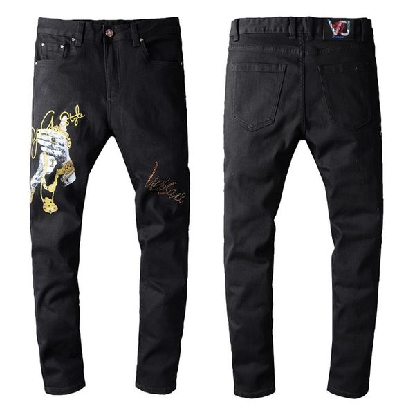 

new brand mens jeans fashion slim fit washed embroidery painted cartoon denim pants panelled hip hop trousers mens designer jeans, Blue