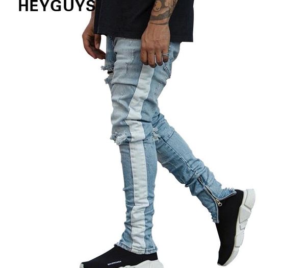 

heyguys new fashion pants men skinny jeans men streetwear ripped jeans for man fitted bottoms zipper hip hop homme denim, Blue