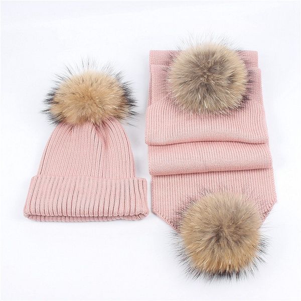 

hats, scarves & gloves sets 2021 raccoon fur ball wool hat scarf suit female autumn and winter outdoor warm, Blue;gray