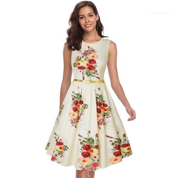 

floral print dresses summer crew neck sleeveless dress casual vintage skirt panelled female clothing womens designer, Black;gray