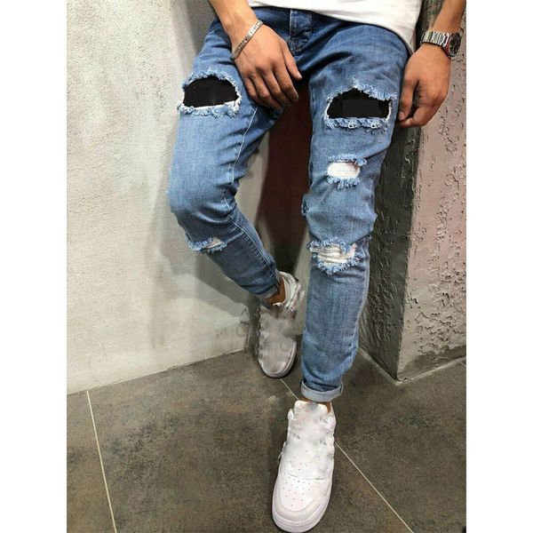 

men's jeans stylish denim pants skinny biker destroyed ripped casual slim fit bottom frayed trousers, Blue