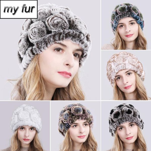 

2020 new winter women flower natural real fur hat handmade lady warm genuine rex fur cap outdoor real beanies hats, Blue;gray