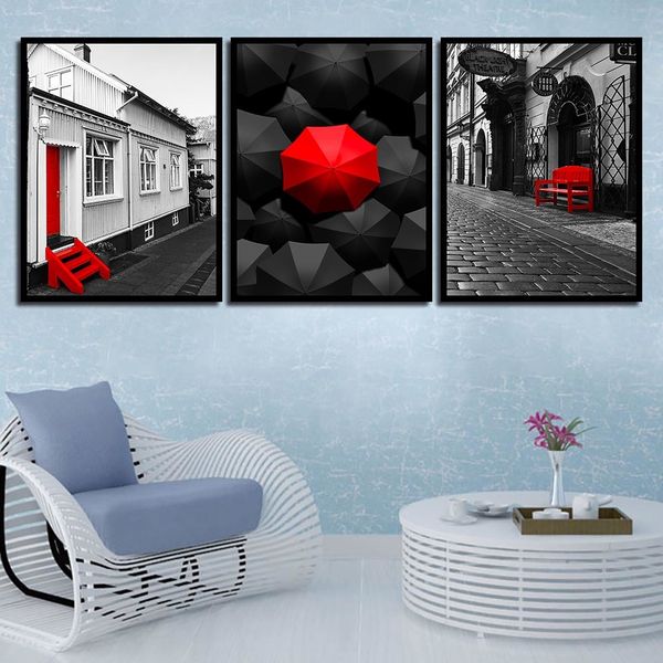 

gohipang nordic style полотна wall art печать черный красный зонт и стул street пейзажные плакаты для гостиной