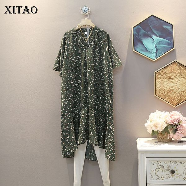 

xitao irregular patchwork print pattern dress women clothes 2020 summer new fashion elegant v neck plus size dress zll5099, Black;gray