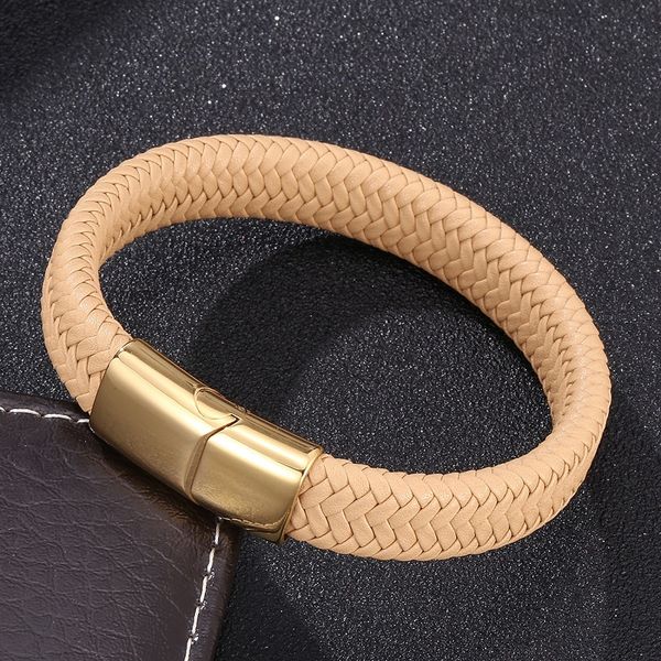 

fashion yellow braided leather bracelet men bangle accessories charm jewelry gold magnetic buckle male wristband gifts s0230, Golden;silver
