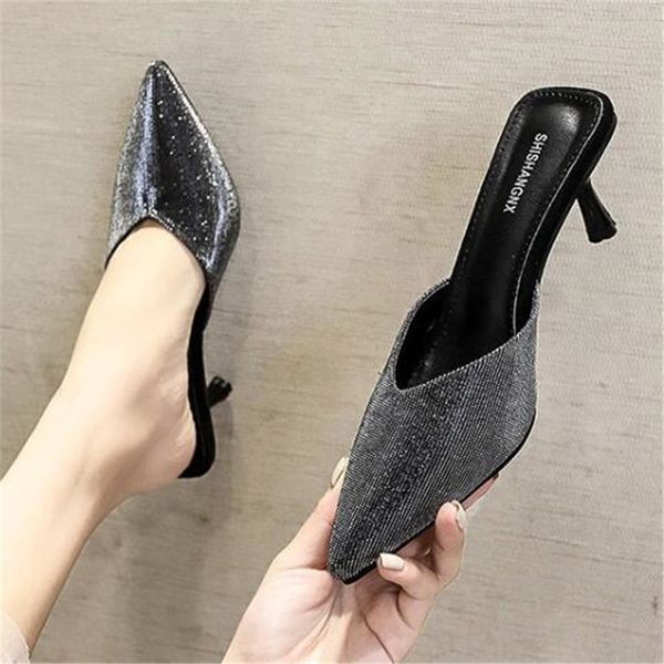 

2020 new summer women mules slippers high heels pointed toe bling fashion ladies women shoes gold outside slides slippers, Black