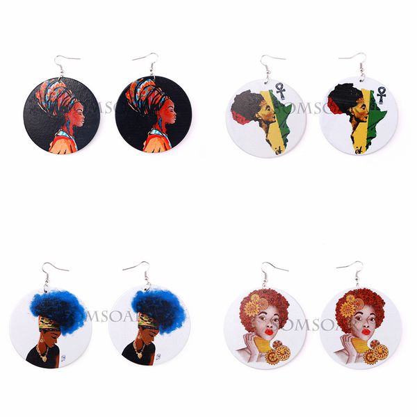 

wholesale round wooden earrings printed african female head wood pendant earring dangle ear hook ear drop for women jewelry accessory gift, Silver