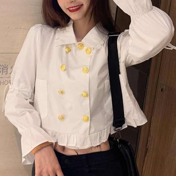 

french vintage blouse women puff sleeve turn-down collar chic retro shirts solid short fashion female clothing autumn 2020, White