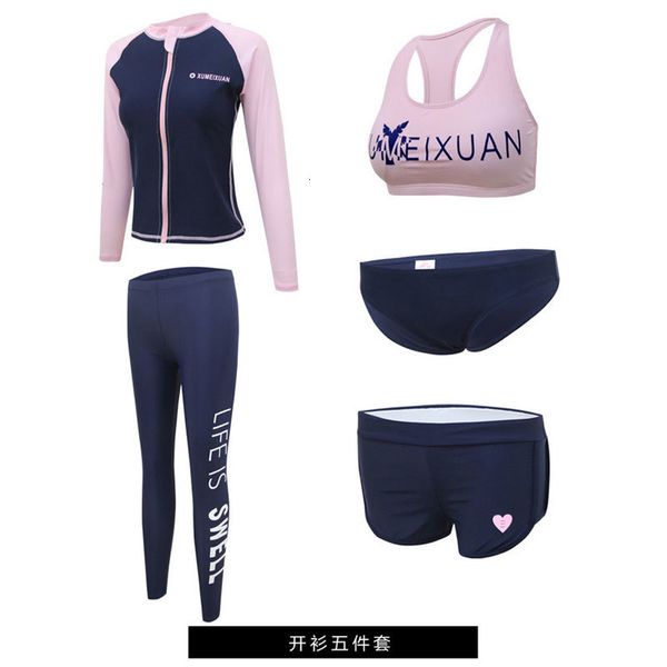 

5pcs/set women's rash guard long sleeve uv rashguard swimsuits colorblock swim shirt & leggings bikini surfing athletic swimwear