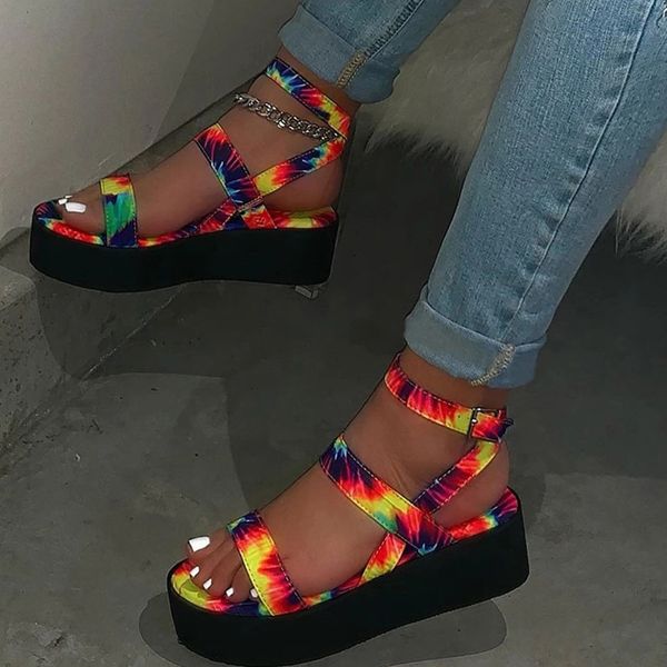 

2020 women's sandals colorful flat platform summer print ladies ankle buckle strap height increasing sandalias casual woman, Black