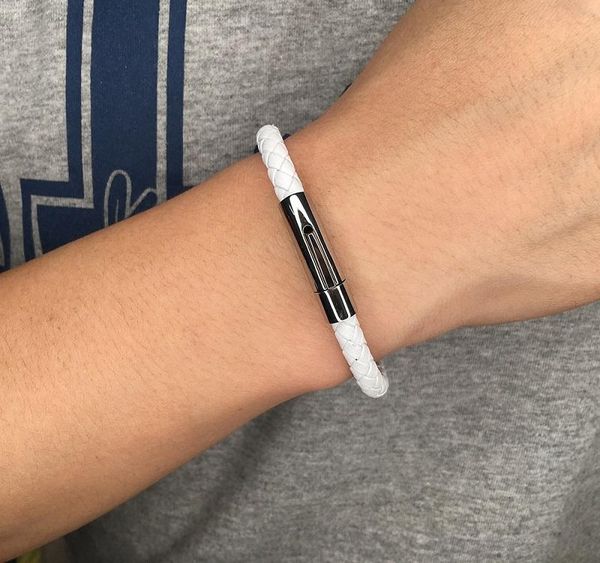 

white leather bracelet men women jewelry simple style braided leather bracelets stainless steel exquisite snaps male wrist002, Golden;silver