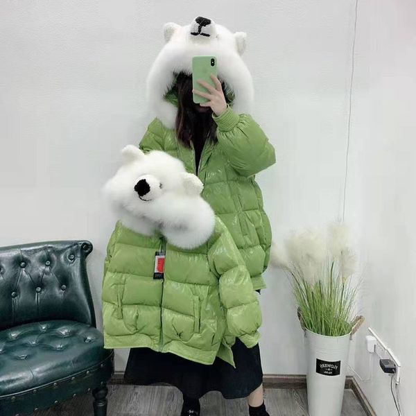 

down jackets parent-child outfit women coat winter hooded with natural real fur collar the bear hat thick warm parka, Blue