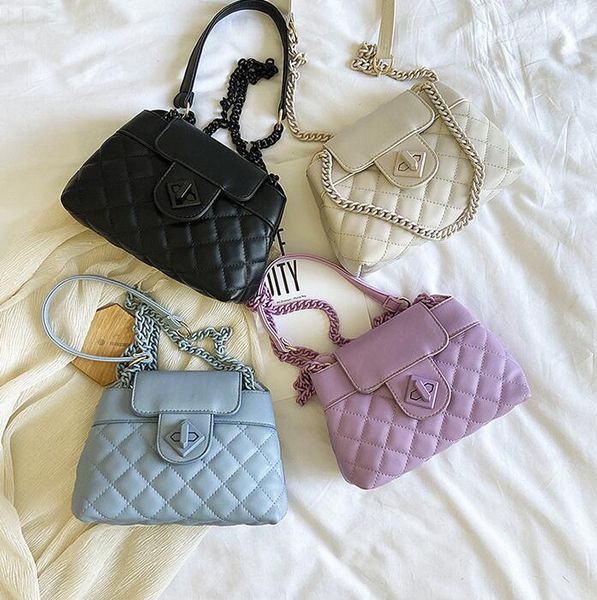 

2020 plain women chain shoulder bags lady temperament small handbags check pu crossbody bag