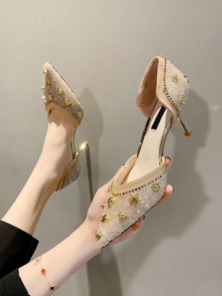

pointed-toe single shoes women 2020 spring and summer new korean rhinestone fashion one-stiletto heels women tide, Black