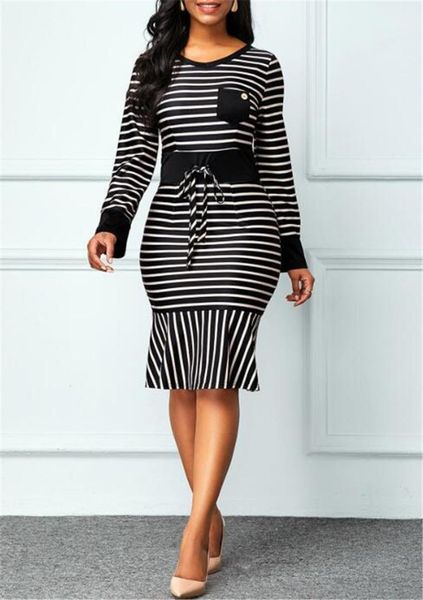 

slim bow bind falbala womens designer dresses casual females clothing stripe print womens casual dresses fashion, Black;gray