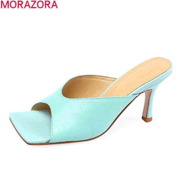 

slippers morazora 2021 brand high heels ladies shoes genuine leather women stiletto square toe mules, Black