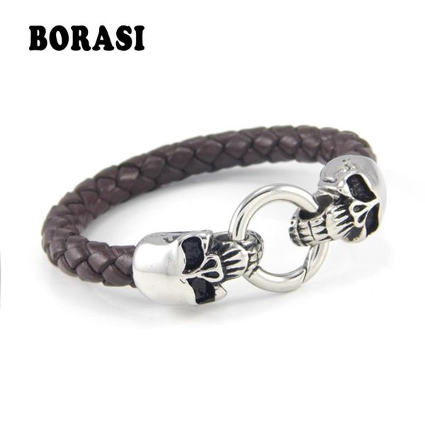 

punk fashion men's jewelry stainless steel skull bracelets artificial braided genuine leather bracelets, Golden;silver