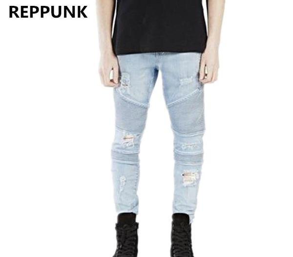 

2017 rock star clothing blue black khaki destroyed menstrousers slim denim straight biker skinny pants men ripped jeans