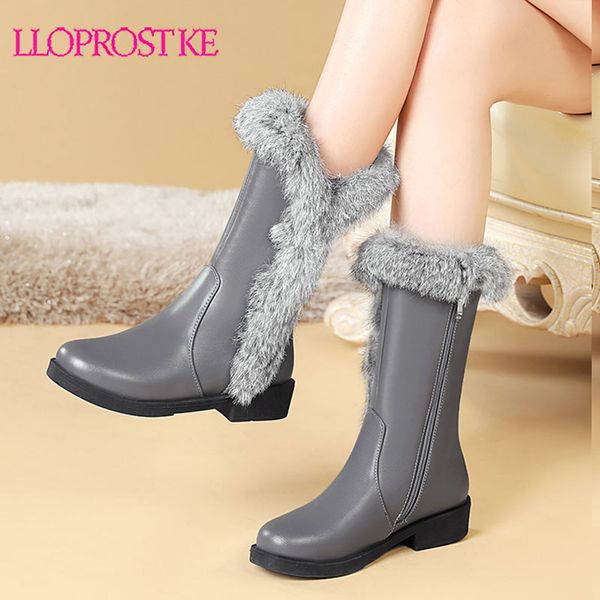 

boots lloprost ke winter warm female big size snow med heels casual basic shoes woman hair zipper mid-calf, Black