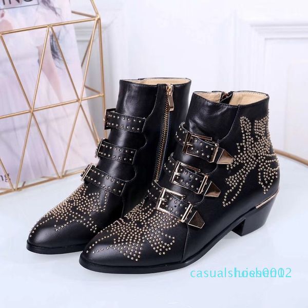 

luxury susanna studded buckle ankle for women martin winter boot genuine leather suede designer chunky heel combat c12, Black