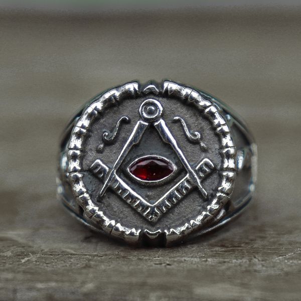 

men's retro ason symbol 316l stainless steel ring red crystal masonic rings knights templar asonry jewelry, Silver