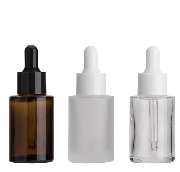 

30ml glass bottle flat shoulder frosted clear amber glass round essential oil serum bottle with glass dropper perfume bottles gga3637-3