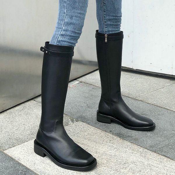 

марка из натуральной кожи knight boots женщина черный колено высокие сапоги площади мода toe низкие каблуки мотоцикл moots ladies 2020, Black