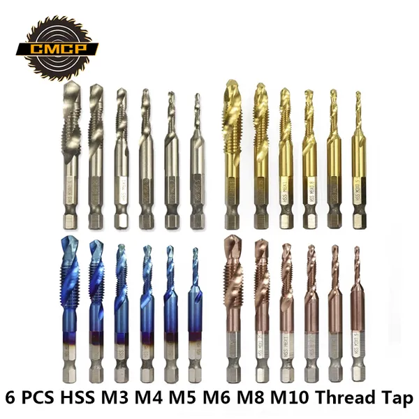 

cmcp 6pcs 1/4" hex shank thread tap hss metric screw tap drill bit set spiral plug m3 m4 m5 m6 m8 m10 machine thread