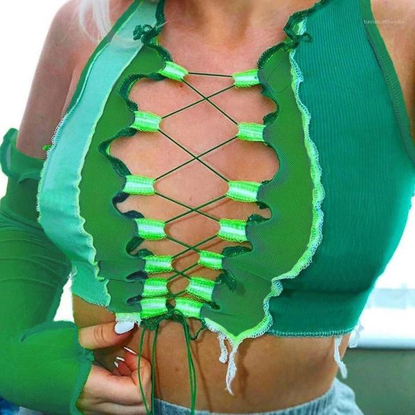 

new women summer clothing women mesh tanks slim hollow out see through lace up crop, White