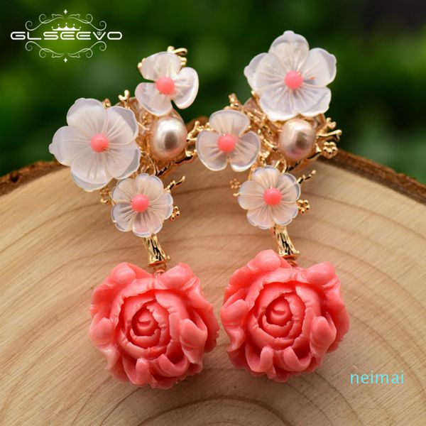 Hot Sale GLSEEVO real 925 Rosa de Prata Sterling Rosa Coral Brincos White Pearl Pedra Natural Shell Flower Dangle Brincos