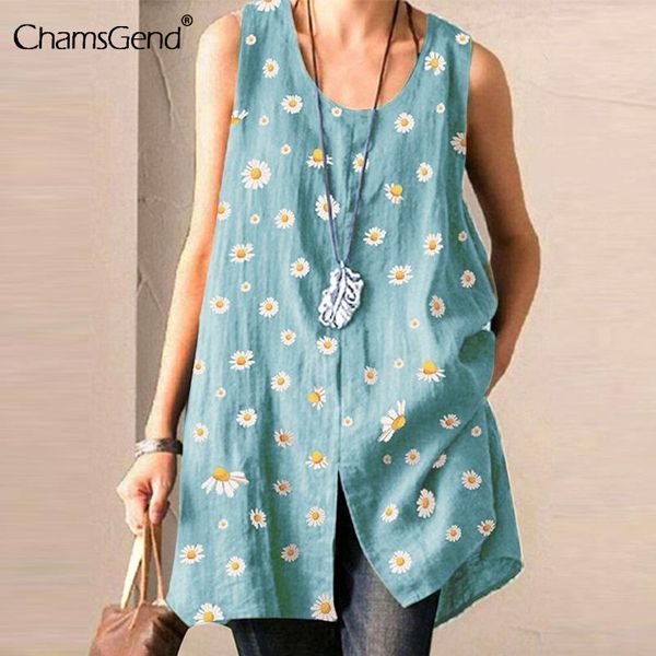 

2020 summer vintage print blouses women cotton linen tunic summer sleeveless buttons casual shirts plus size blusas mujer, White