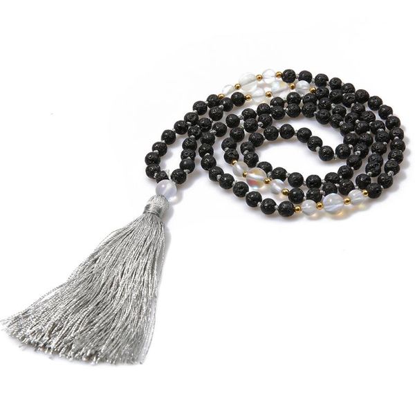 

showboho 108mala volcanic stone knotted handmade beaded tassel pendant necklace yoga meditation friendship necklace, Silver