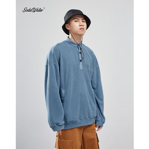 

sodawater men pullover sweatshirt high collar fleece winter warm men sweatshirt pure color streetwear loose fit, Black