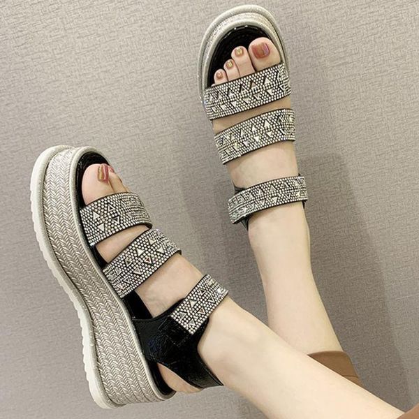 

women's rhinestone wedge shoes muffin thick bottom beach sandals ladies summer casual platform sandals chaussures femme #3, Black