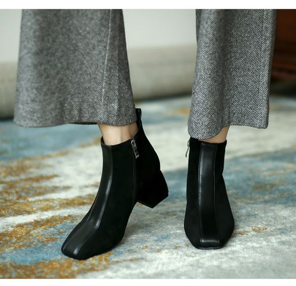 

women's rubber boots shoes round toe rain med ankle fabric rome slip-on hoof heels solid lace-up flock basic cotton, Black