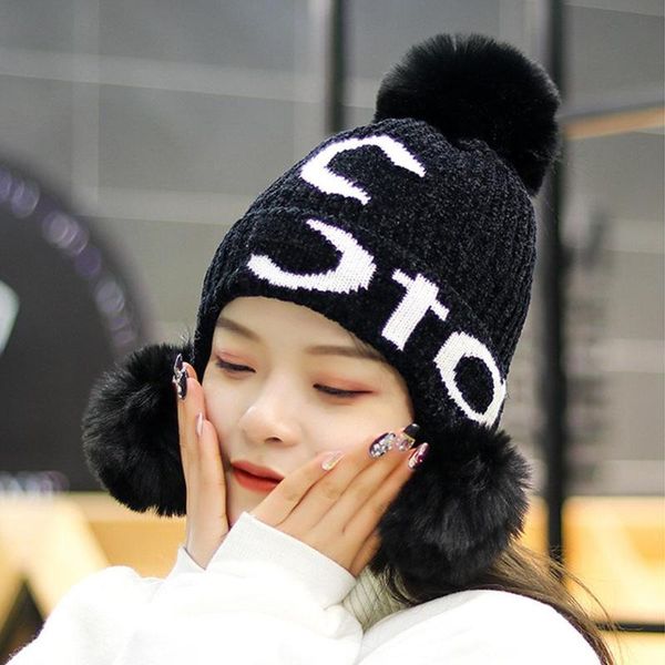 

missky winter lady women beanies cute thicken knitting beanie ear protection letter wool ball warm hat bonnet female caps, Blue;gray