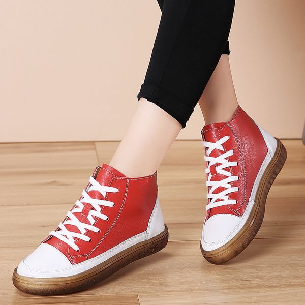 

обувь из натуральной кожи женщины легкие повседневная обувь женщины high-top шнуровка круглый toe женщин flat, Black