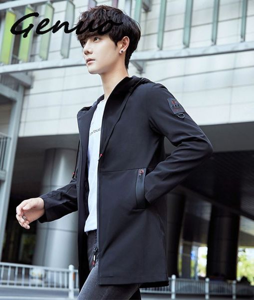 

genuo men new 2020 autumn casual long jacket trench coats men fashion hooded solid elastic windbreaker pocket trench jackets, Tan;black