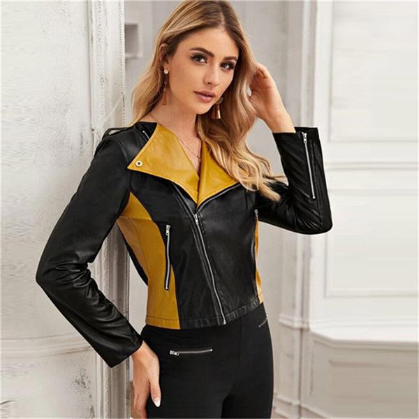 

pu женщины куртки с длинным рукавом 20fw тонкого пальто моды street style отворот шея faux женщины кожаные куртки, Black