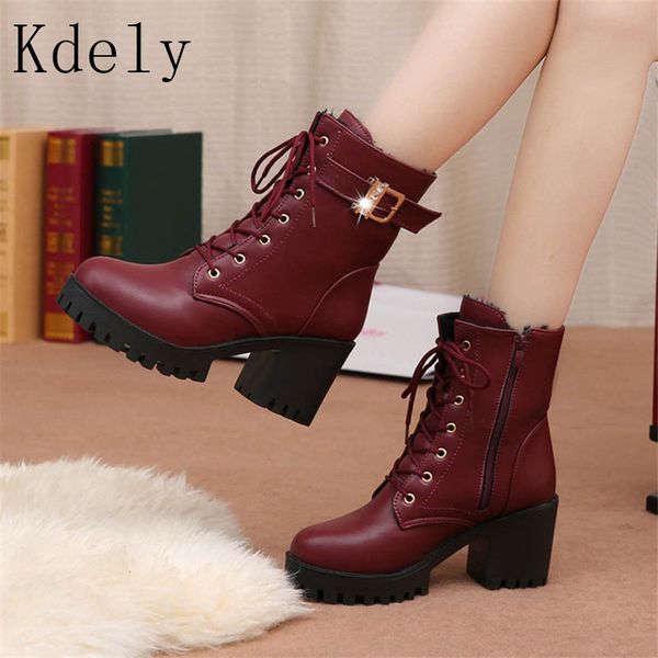 

2020 women boots lace up flat biker combat wine red boots shoes buckle woman botas women size 35-39, Black