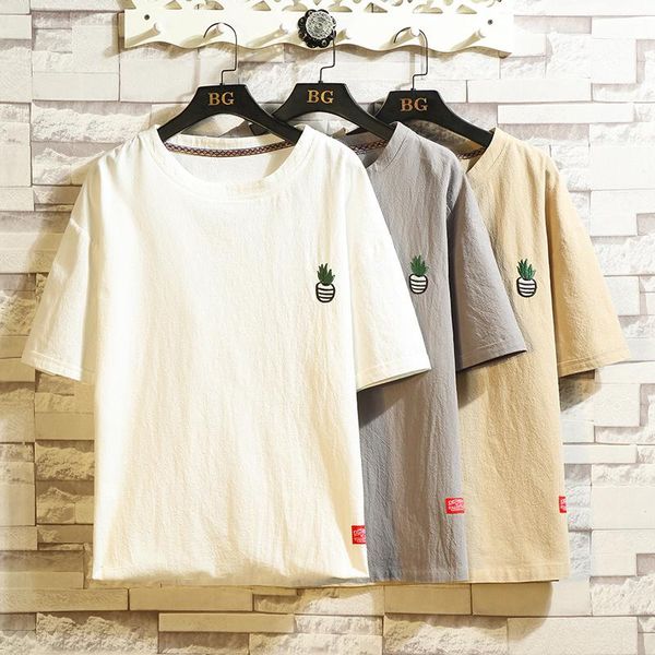

short sleeve t shirt men 2020 summer loose tshirt tees chinese linen fashion clothes plus size m-4xl 5xl o neck, White;black