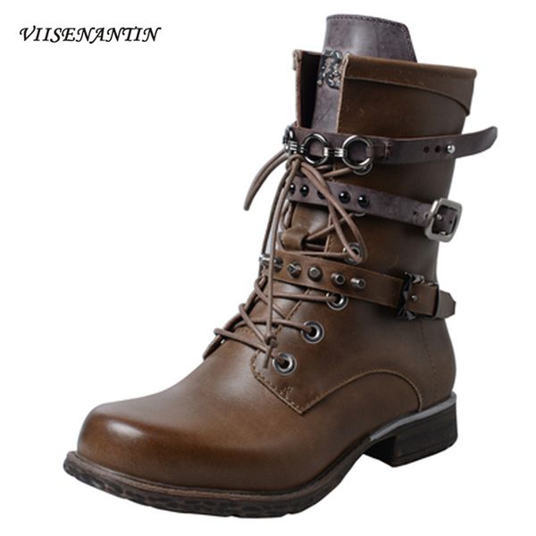 

women's thick-soled motorcycle pumk boots british lace-up rivet handsome mid-boots round toe do old leather, Black