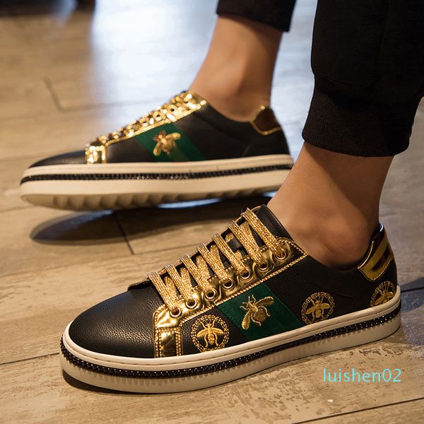 

men's casual desinger shoes men black skate sneakers pu leather golden luxury embroidery l02