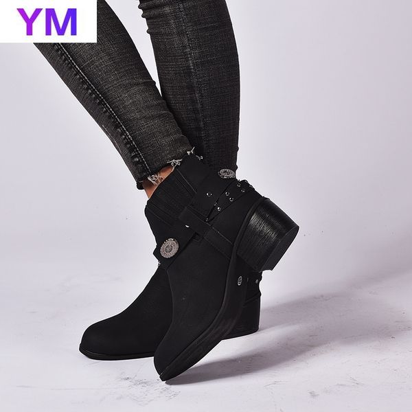 

winter new style ankle boots women round toe med square heel boots lace-up warm metal decoration fashion boot zapatos, Black