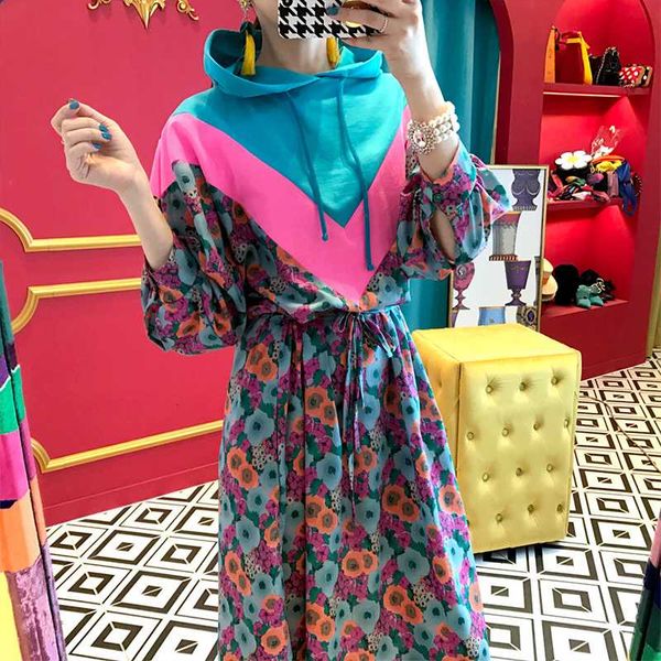 

women's hoodies & sweatshirts tvvovvin patchwork floral hooded mid-calf half lantern sleeve spring autumn vestidos women 2021 korean st, Black