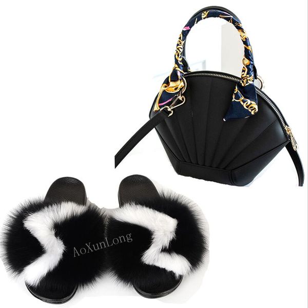 

women's fur slippers fashion ribbon shell bag ladies cute furry slides flip flops fur slides home shoes fluffy slippers sets, Black
