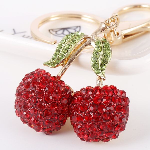 

crystal cherry keychain key holder cute red pink fruit trinket llaveros key chain women bag accessories birthday gift for, Silver