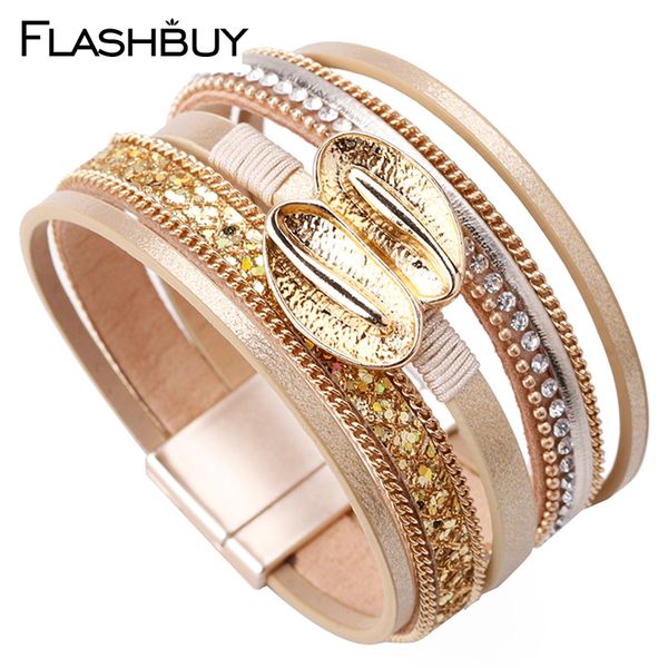 

flashbuy simple alloy rhinestone leather bangles for women unique gold color charm wide wrap bracelet fashion jewelry gift, Black