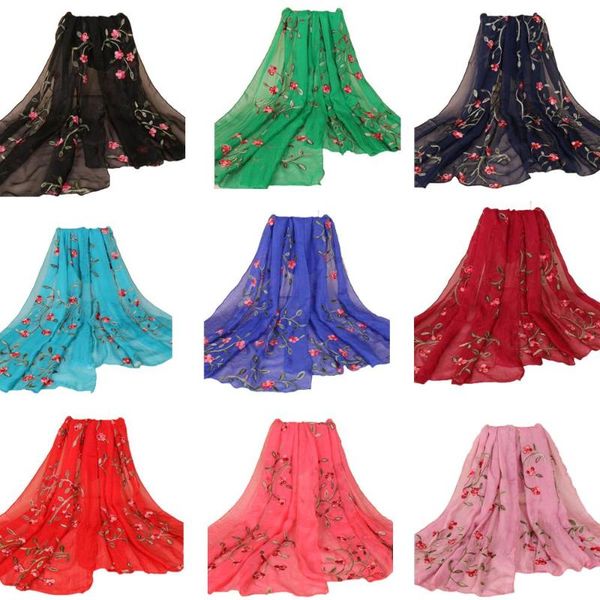 

women long neck large scarf wrap shawl flower embroidery chiffon stole scarves headwear arab bandana turban 180*75, Blue;gray