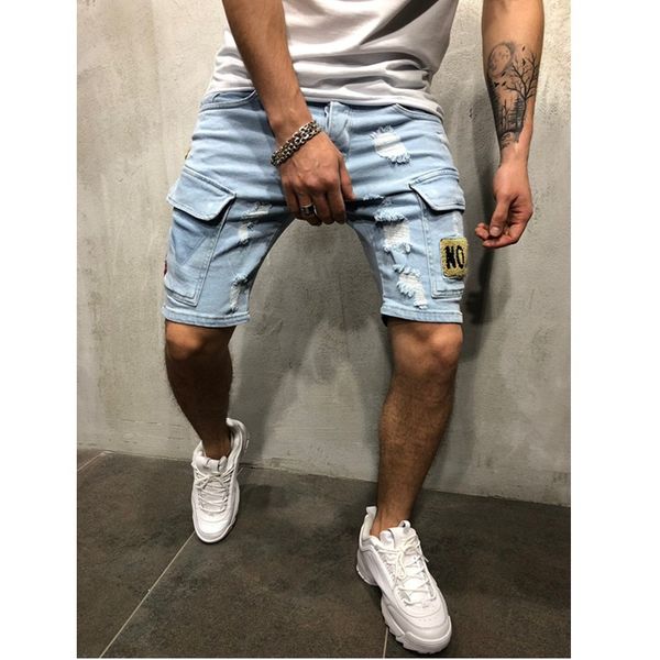

men's jeans summer denim shorts embroidered hip-hop slim blue lig multi-pocket overalls s-3xl